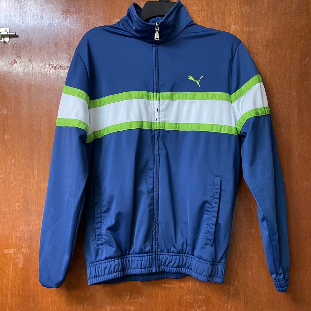 Puma Men's Blue Windbreaker with Green and White Stripes